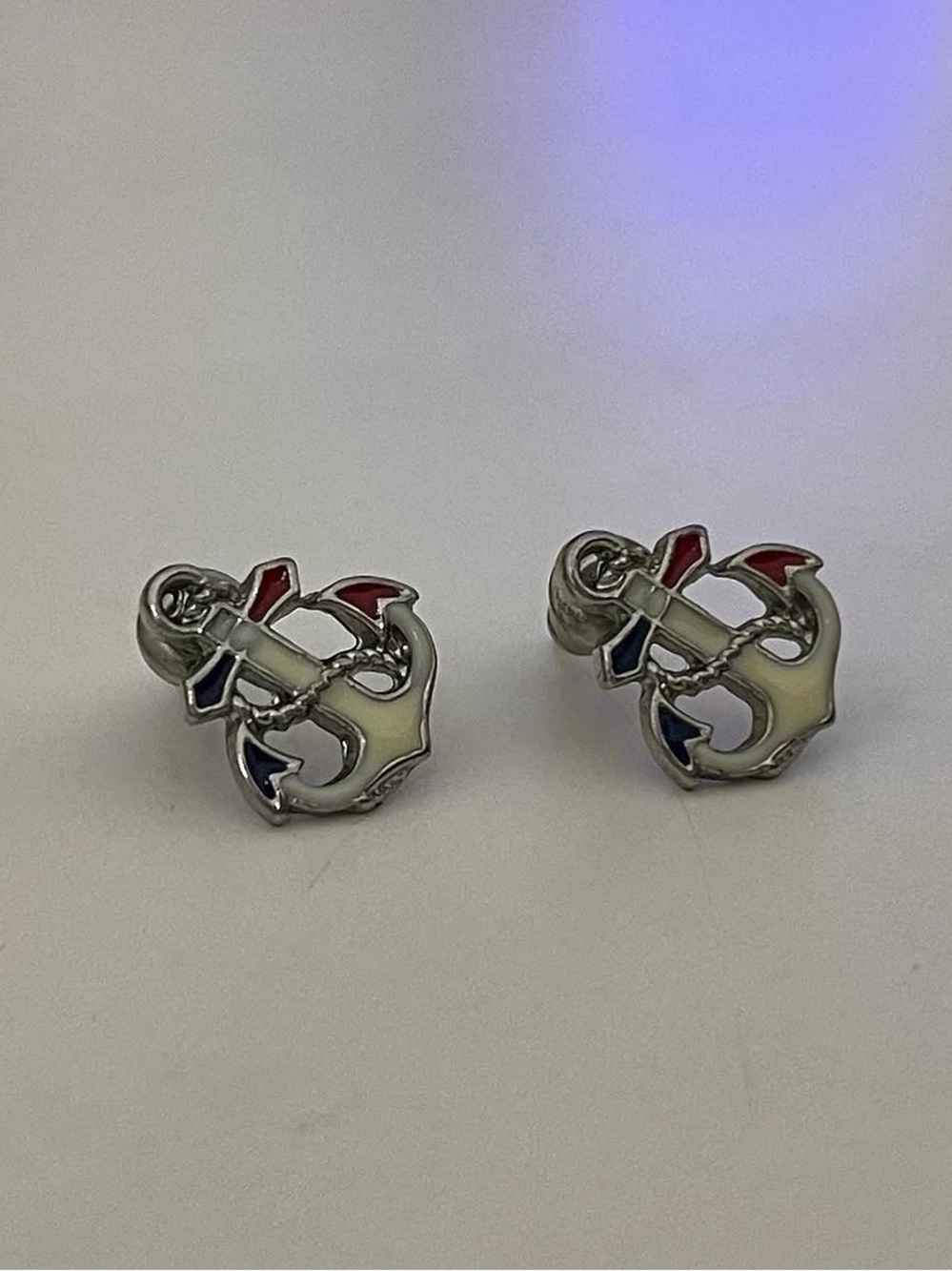 Anchor Stud Earrings - Silver with Red, White & Blue Enamel